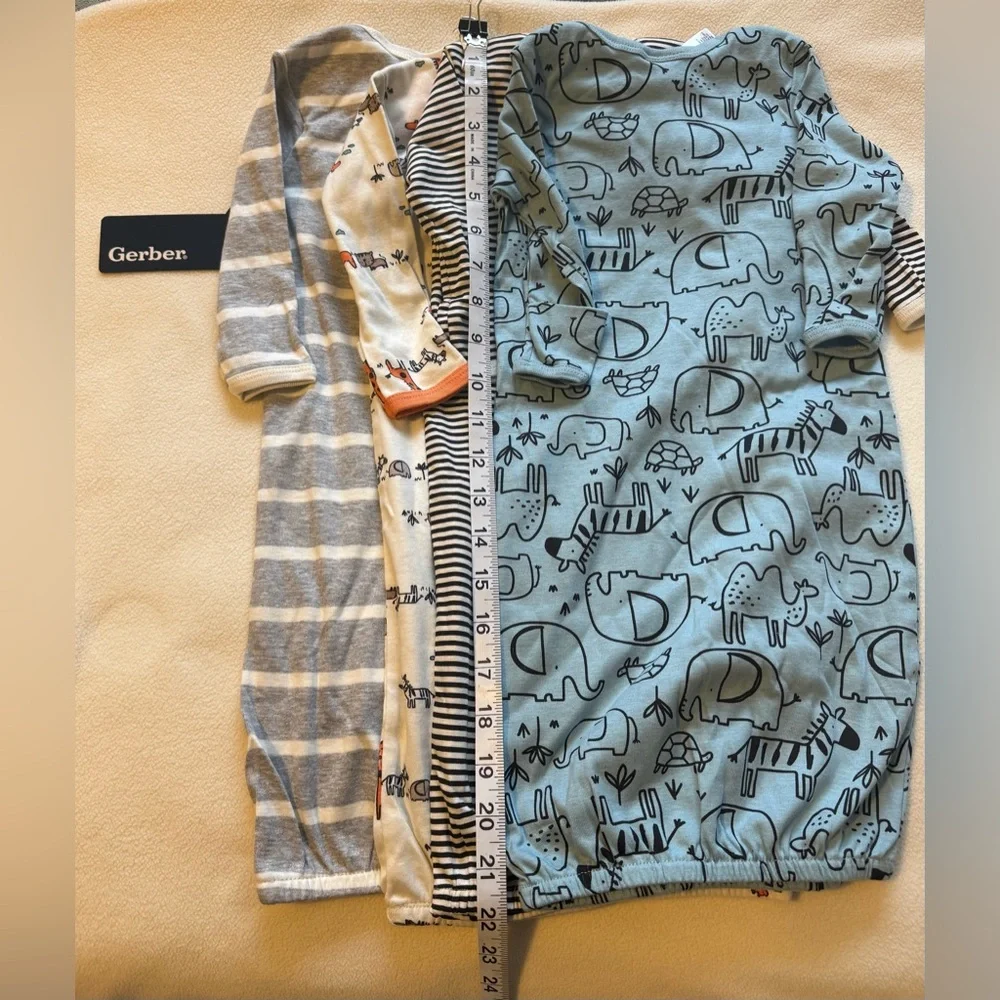 Gerber Baby 4-Pack Sleep Gowns Jungle Safari Animals 0-6m w/Mitten Cuffs NWT